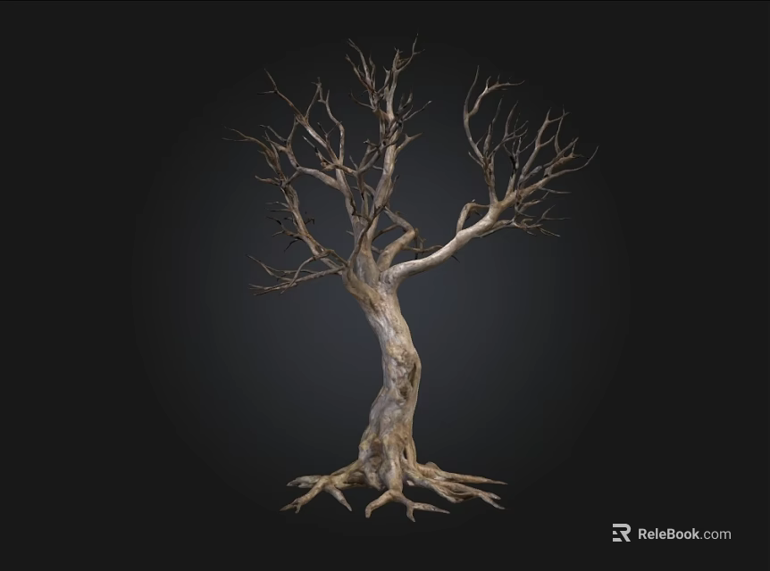 Leafless Tree with Twisted Trunk and Exposed Roots Against Black Background 3d model 