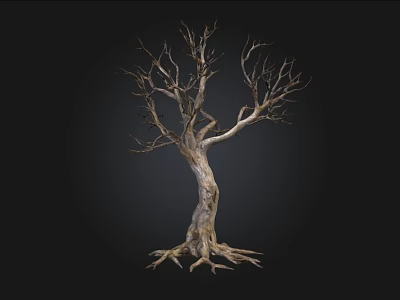 Leafless Tree with Twisted Trunk and Exposed Roots Against Black Background 3d model