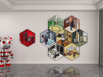 Creative Hexagonal Wall Hangings with Artistic Scenes and Robot Figurine Accent 3d model
