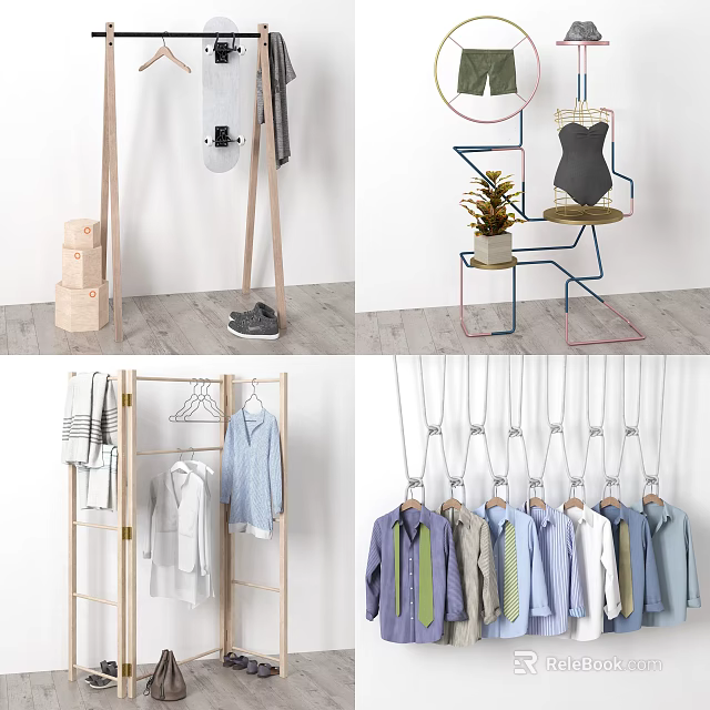 Clothes Storage and Display with Hanging Racks Wardrobe and Different Styles Shirts 3d model