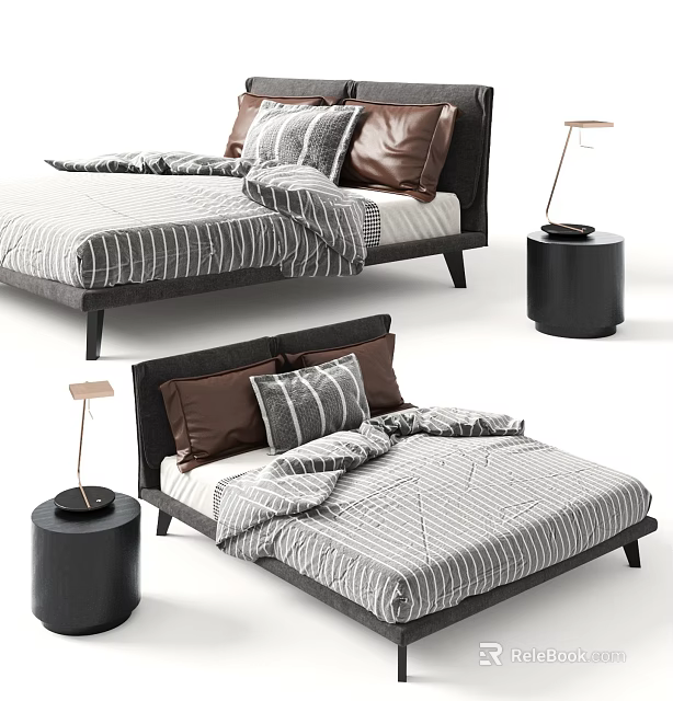 Modern Double Bed With Black Frame Striped Bedding Brown Grey Pillows And Black Side Table Lamp 3d model 