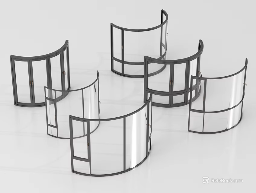 Modern Curved Glass Partitions With Black Frames And Transparent Panels 3d model