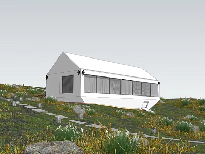 Scenic White Guesthouse Building on Hillside with Large Glass Windows and Grass Paths 3d model