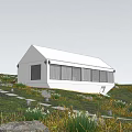 Scenic White Guesthouse Building on Hillside with Large Glass Windows and Grass Paths