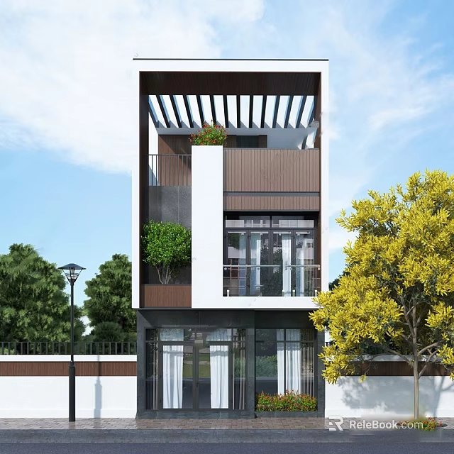 Modern Style Single Family Villa Exterior With Large Windows Balcony Greenery And Surrounding Trees 3d model 