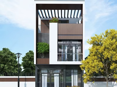 Modern Style Single Family Villa Exterior With Large Windows Balcony Greenery And Surrounding Trees 3d model