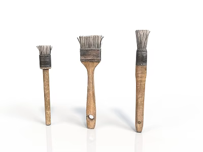 Three Old Brushes Of Various Sizes With Wooden Handles And Worn Bristles On White Background 3d model