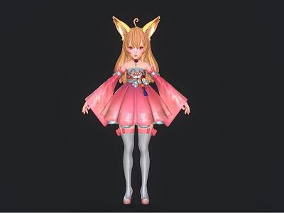 Woman In Pink Kimono Style Dress With Fox Ears Long Blonde Hair And White Stockings 3d model