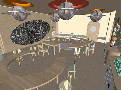 Warm Kindergarten Classroom With Wooden Tables Chairs Blackboard And Hanging Planet Decorations 3d model