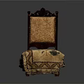 Traditional Leisure Chair Featuring Carved Wooden Backrest And Patterned Fabric Upholstery