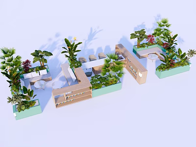 Various Bonsai Potted Plants In Green Planters With Outdoor Seating And Tables 3d model