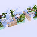 Various Bonsai Potted Plants In Green Planters With Outdoor Seating And Tables