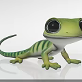 Cute Green Reptile Lizard With Large Black Eyes Green Stripes And White Belly Standing Pose