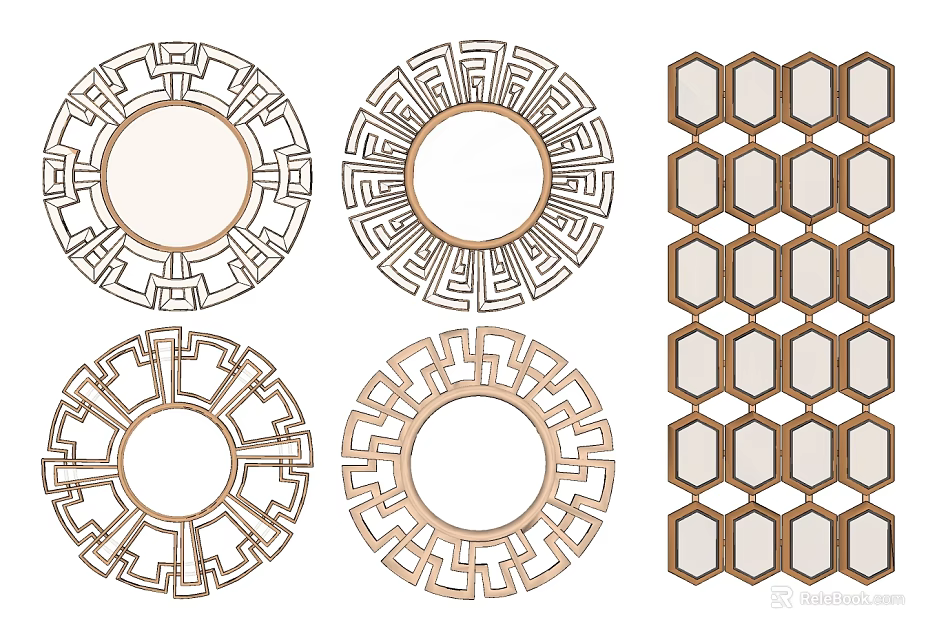 Decorative Mirrors With Intricate Geometric Patterns In Circular And Hexagonal Shapes 3d model 