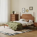 Wooden Double Bed With Green Quilt Pillows Nightstand Decorative Wall Art Area Rug And Plant