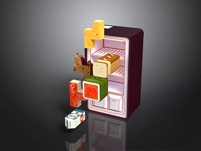 Purple Toy Refrigerator With Open Door And Food Items Inside And Falling Out 3d model