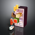 Purple Toy Refrigerator With Open Door And Food Items Inside And Falling Out