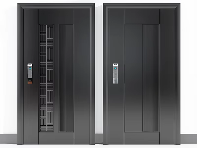 Modern Black Security Doors Featuring Geometric Patterns Vertical Stripes And Electronic Locks 3d model