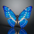Beautiful Blue Butterfly With White Spots And Spread Wings On Gray Background Reflection