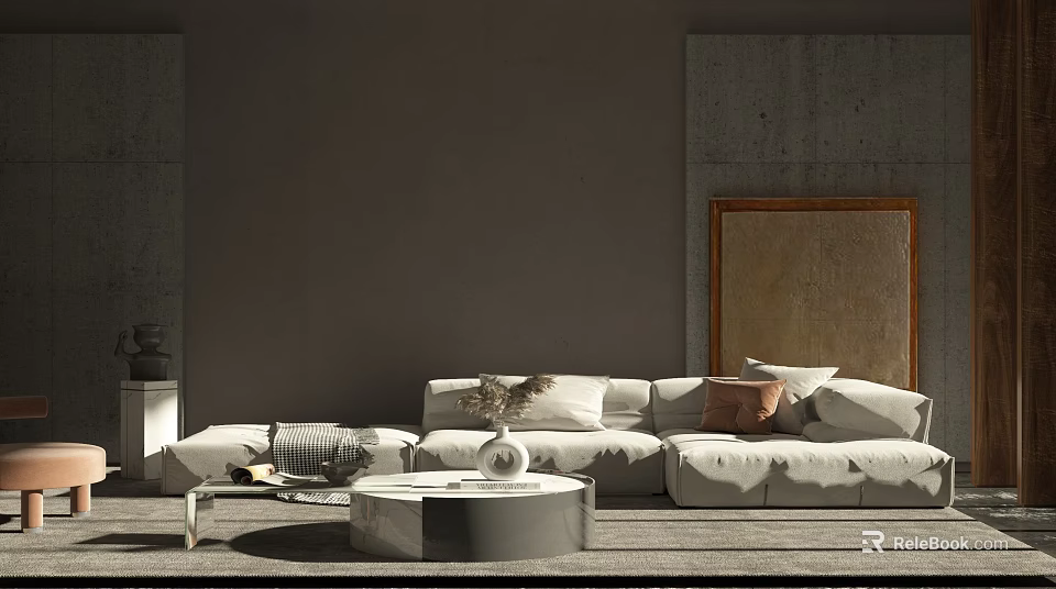 Modern Sofa And Coffee Table Set With White Throw Pillows Round Table Decorative Vase 3d model