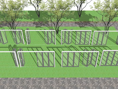 Outdoor White Frame Structures Neatly Arranged On Green Grass With Trees 3d model