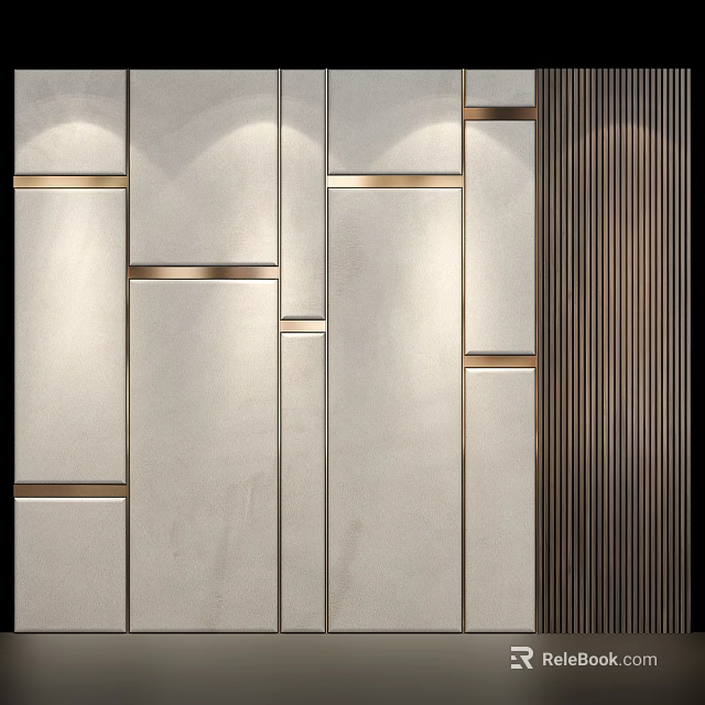 Modern Background Wall With Light Colored Panels Golden Trim And Vertical Stripe Design 3d model 