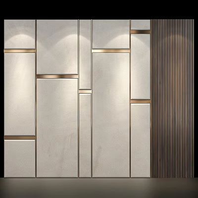 Modern Background Wall With Light Colored Panels Golden Trim And Vertical Stripe Design 3d model