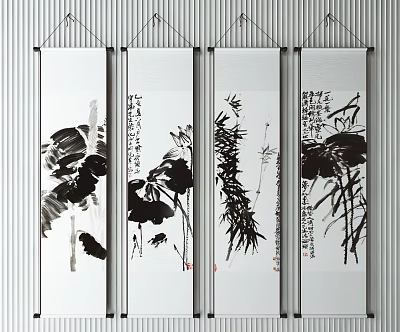 Traditional Chinese Scroll Paintings With Ink Wash Lotus Bamboo And Calligraphy Art 3d model