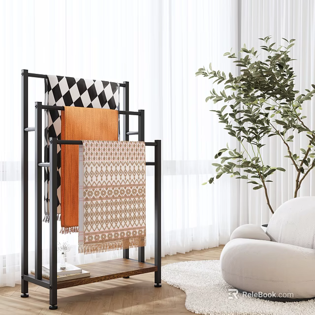 Modern Living Room With Black Metal Rack Displaying Colorful Patterned Throw Blankets And Green Plant 3d model 