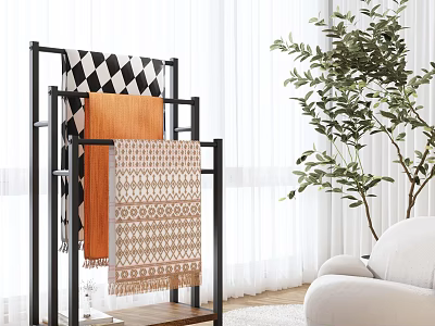 Modern Living Room With Black Metal Rack Displaying Colorful Patterned Throw Blankets And Green Plant 3d model