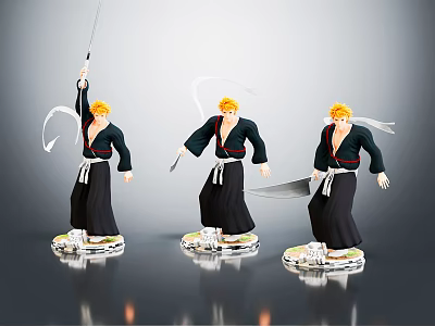Three Blonde Haired Anime Character Figurines In Black Outfits Holding Swords On Bases 3d model