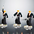 Three Blonde Haired Anime Character Figurines In Black Outfits Holding Swords On Bases