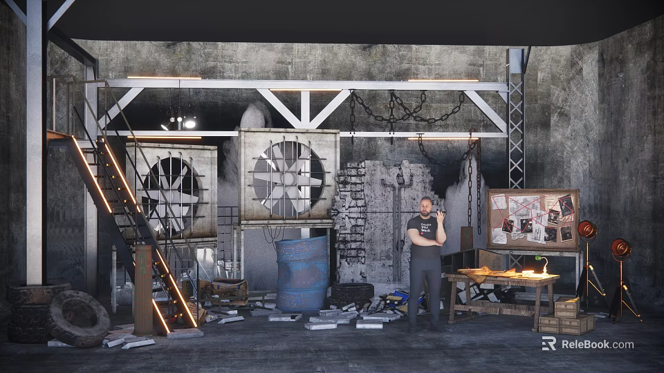 Industrial Art Installation With Gray Walls Large Fans Metal Frames Blue Barrel Ladder Tools 3d model 