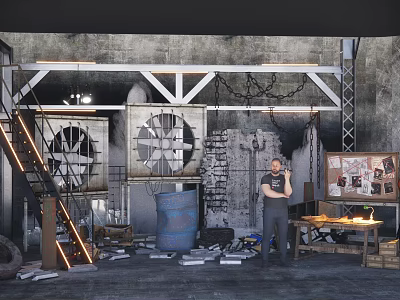 Industrial Art Installation With Gray Walls Large Fans Metal Frames Blue Barrel Ladder Tools 3d model