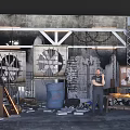 Industrial Art Installation With Gray Walls Large Fans Metal Frames Blue Barrel Ladder Tools