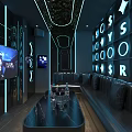 Modern KTV Room Interior With Neon Lights Black Leather Sofa And Large TV