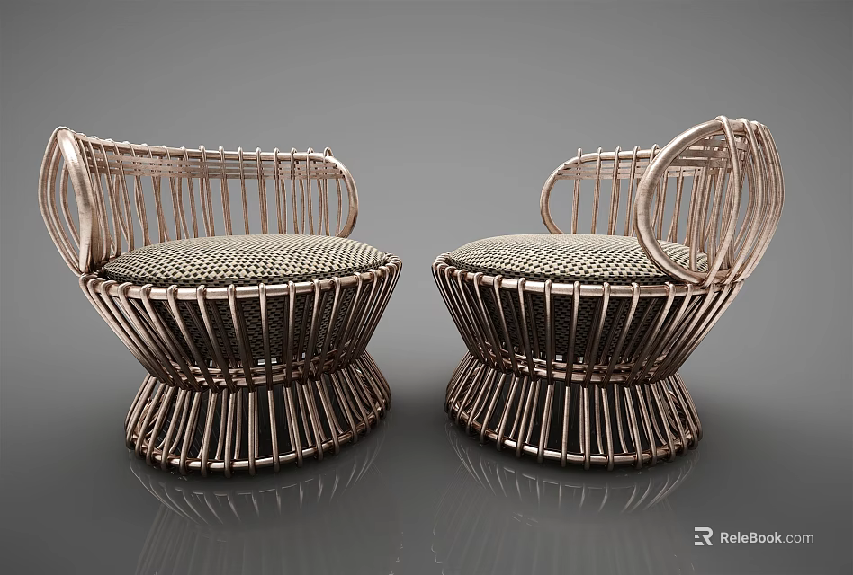 Two Vintage Modern Leisure Chairs With Woven Seats And Circular Metal Frames 3d model 