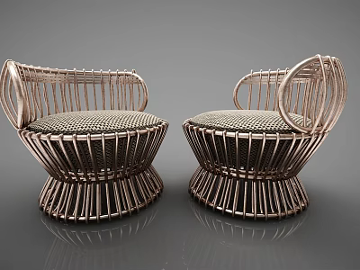 Two Vintage Modern Leisure Chairs With Woven Seats And Circular Metal Frames 3d model