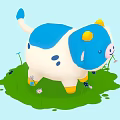 Cartoon Cow Plush Toy With Blue White Body Yellow Accents On Green Grass With Flowers