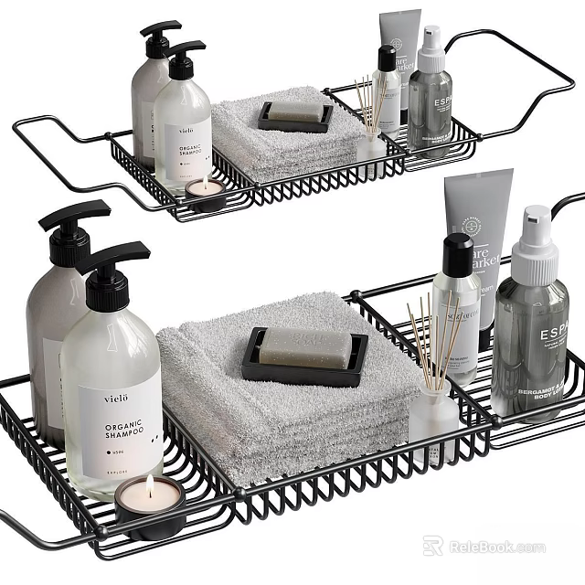Bathroom Accessories Organizer With Metal Wire Rack Towel Soap Dish And Toiletries Bottles 3d model 