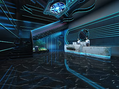 Modern Bar Interior With Neon Lights Marble Floor And Sleek Counter Design 3d model