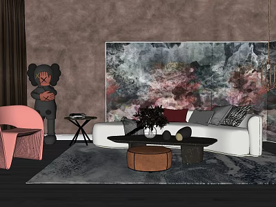 Modern White Sofa Coffee Table Combination With Abstract Wall Art And Area Rug 3d model