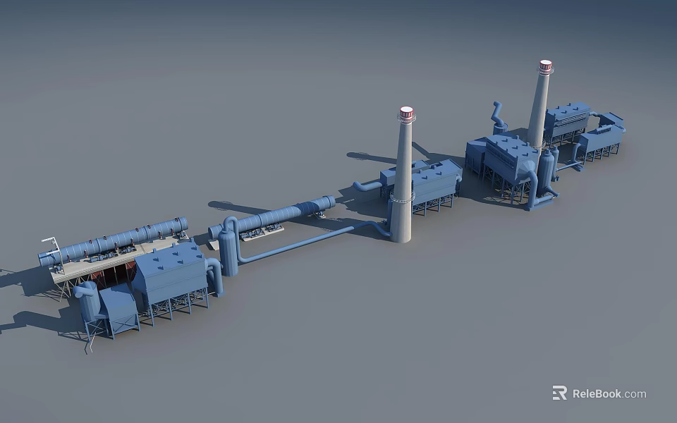 Large Scale Industrial Equipment Production Line With Connected Pipes And Processing Towers 3d model