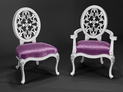 Elegant White Frame Armchairs With Purple Velvet Seats And Ornate Carved Backrests 3d model