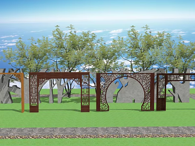 Building Exterior Wall With Intricate Carved Wooden Structure Surrounded by Green Trees and Lawn 3d model