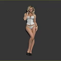 Blonde Woman In White Corset And Underwear Holding Phone With Gray Background