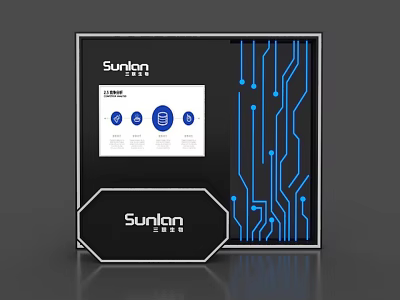 Sunton Exhibition Island Design With Screen And Blue Circuit Patterns 3d model