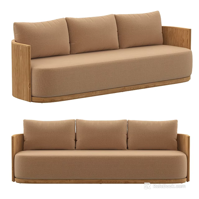 Modern Brown Three Seater Sofa With Wooden Frame And Cushioned Back 3d model