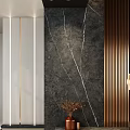 Modern Foyer Hallway With Dark Marble Wall Bronze Slats And Decor