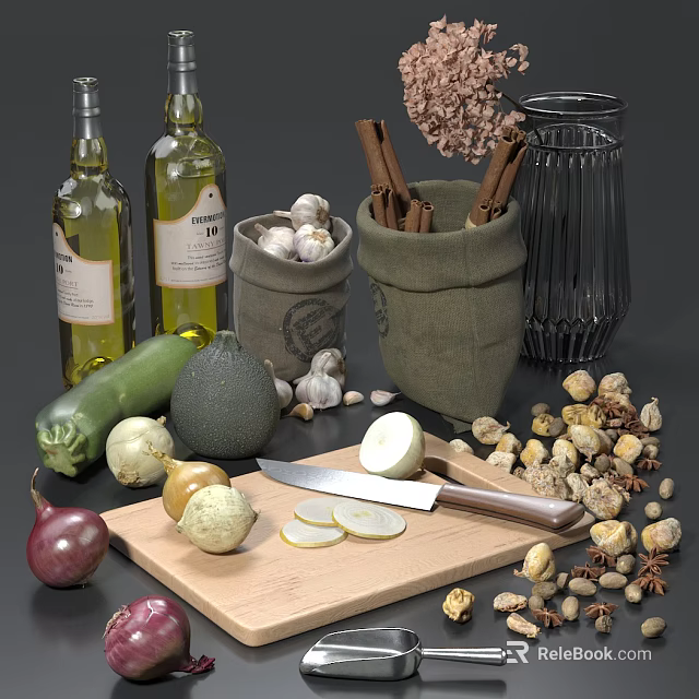 Fresh Vegetables Garlic Cinnamon and Olive Oil Bottles on Kitchen Cutting Board 3d model 